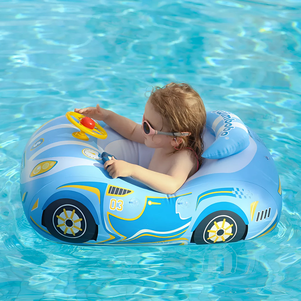 Pink inflatable car-shaped swimming ring for children with a central steering wheel.