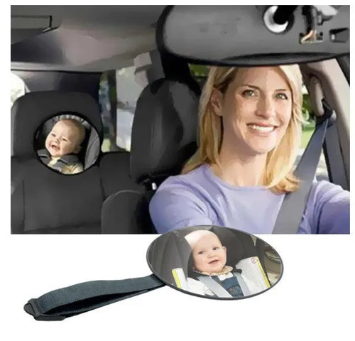 Black baby car rearview mirror with 17cm glass mounted on adjustable strap for rear-facing safety seats