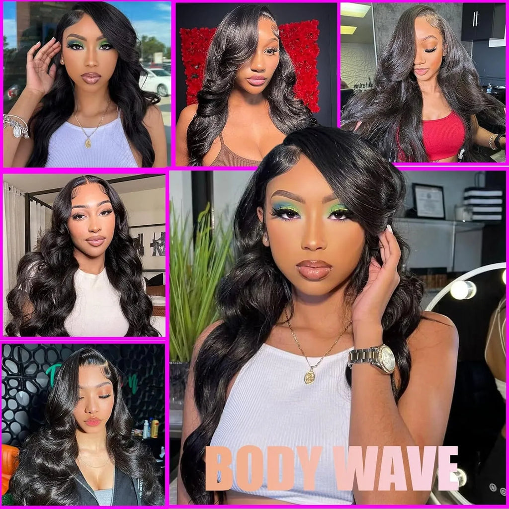 Black synthetic full-head wig with medium-length hair and large, curly waves on a display.