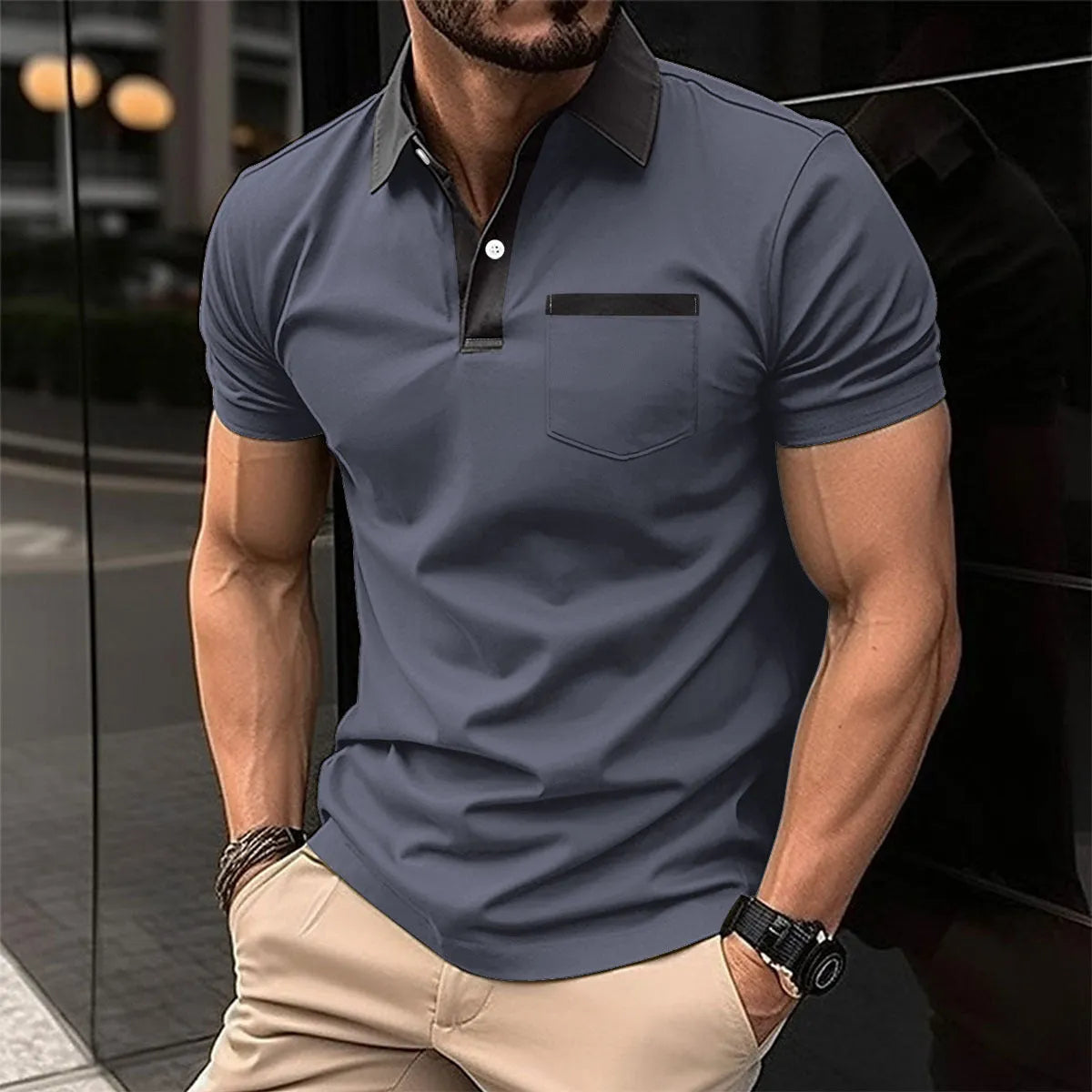 Men's lapel fashion slim pocket short-sleeved polo shirt in grey, cotton blend, loose fit