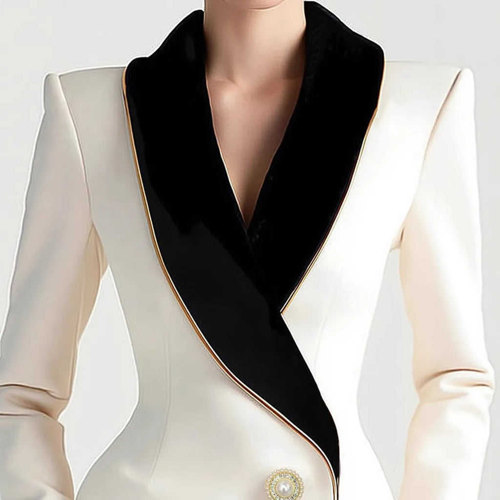 Women's milky white beige TR polyester coat with golden edge pearl buttons and long sleeves