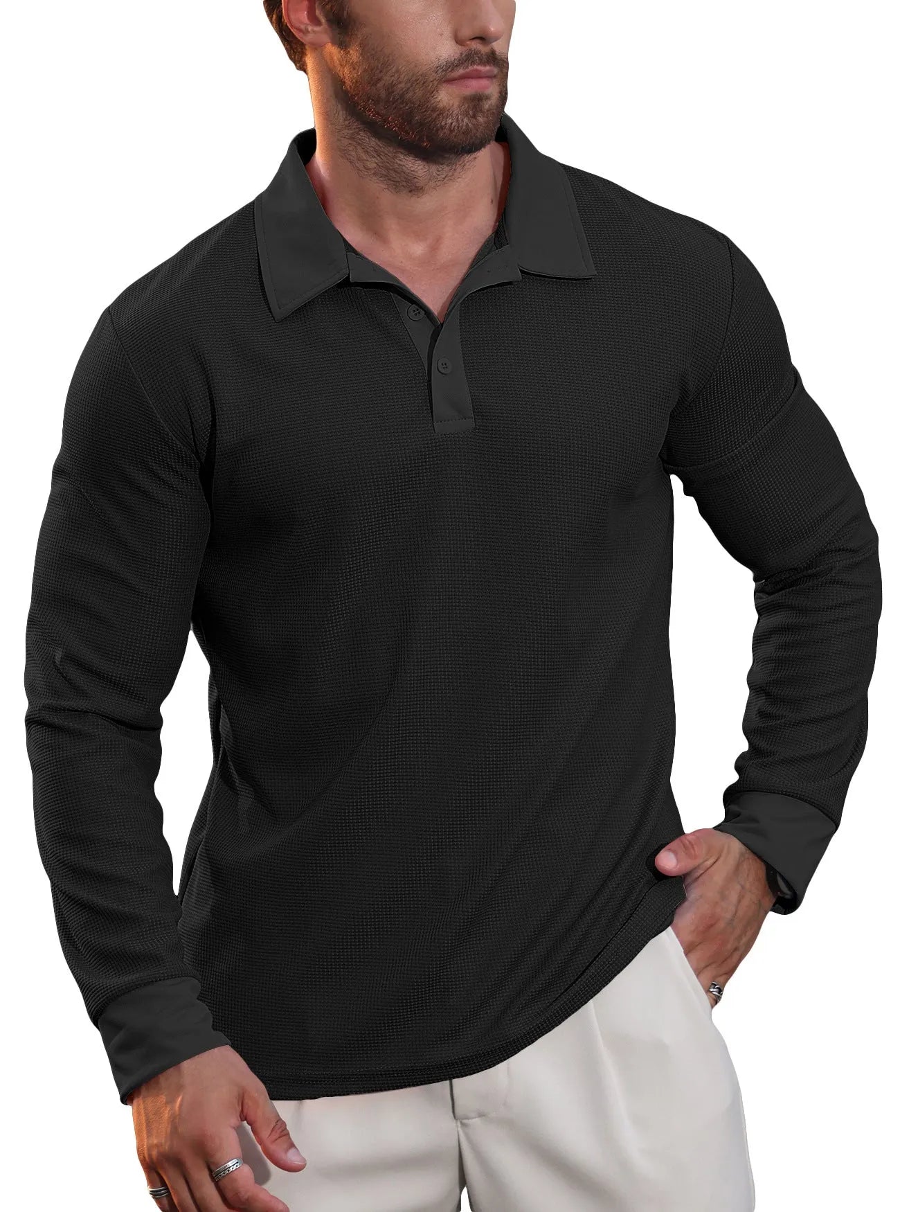 Men's lapel grid pattern long sleeve polyester sweater in autumn colours, front view