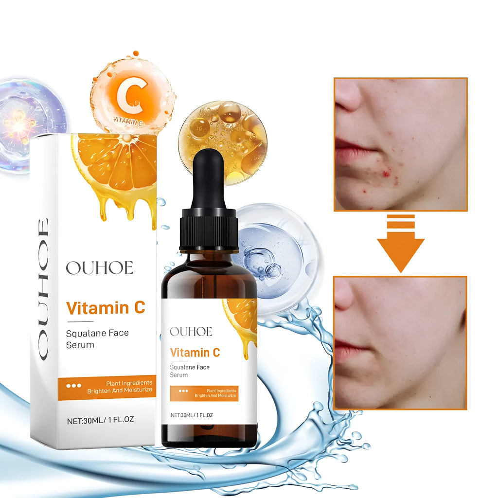 Squalane face serum in a clear PET bottle with ingredients including vitamin C, hyaluronic acid, and collagen