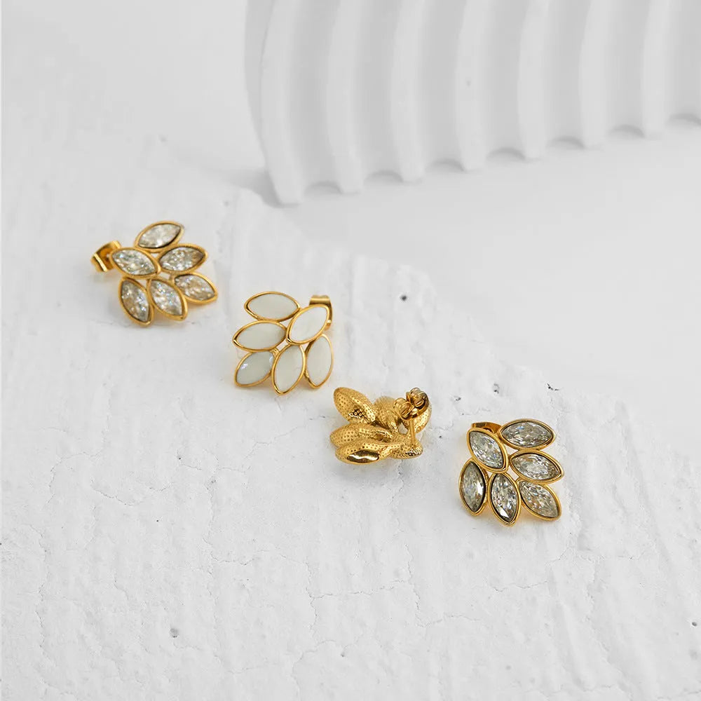 Gold clip-on earrings with full diamond dripping oil 6-leaf design in titanium steel electroplate