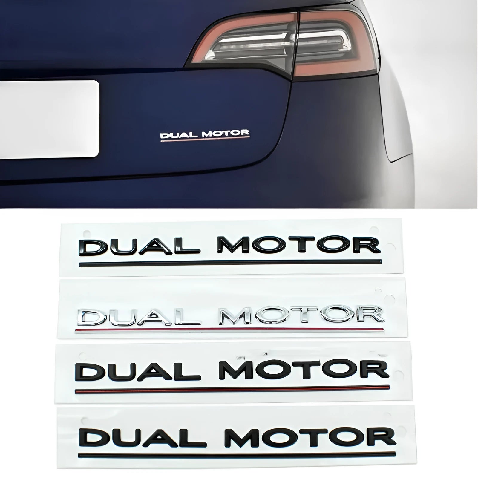 Tesla Model 3 double motor bumper sticker in ABS plastic, 19 cm by 3 cm, showing colour options.