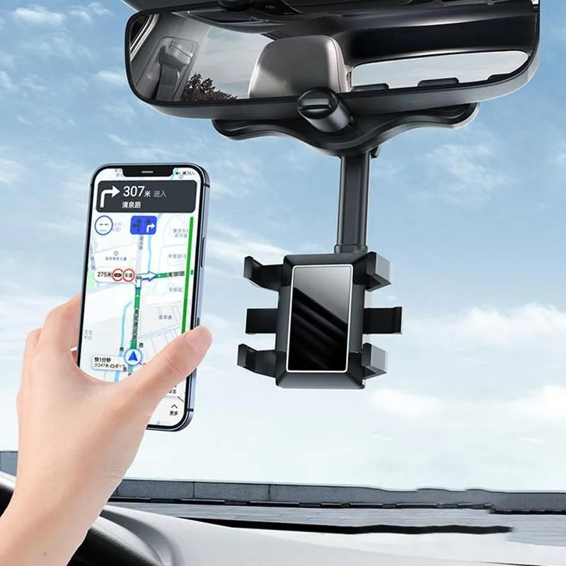 Black rearview mirror car phone holder with rotating head and four gripping claws extended.