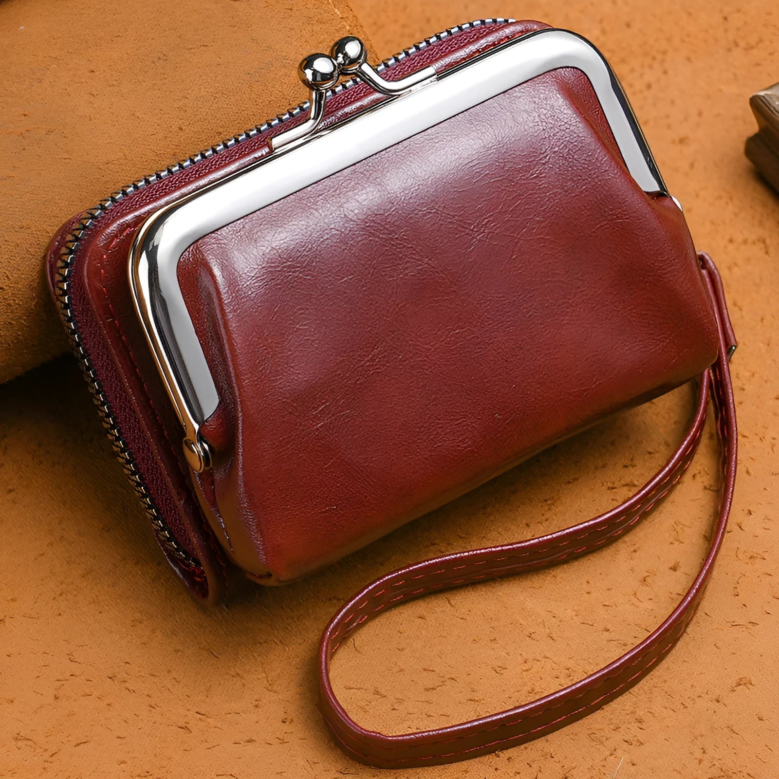 Ladies' leather-look coin purse with a 4-inch metal clip and zip closure in five colour options.