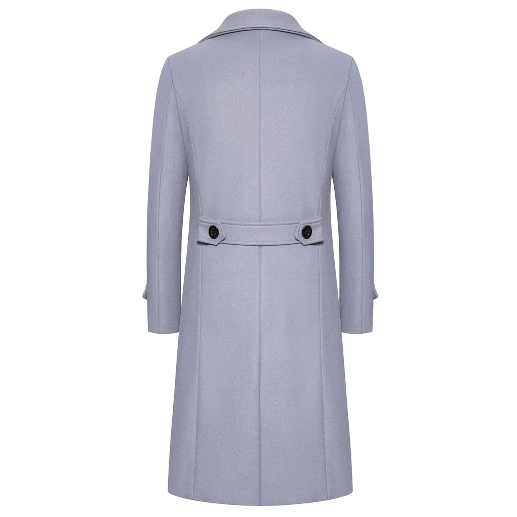 Men's long double breasted trench coat in khaki with side seam pockets, slim fit, cotton blend, sizes M to 5XL