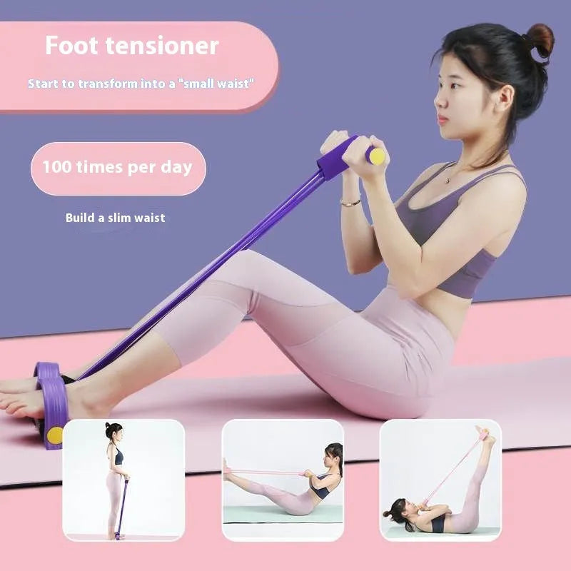 Yoga four piece fitness set showing leg stretcher, foot pedal, yoga ring, and figure eight tension rope.