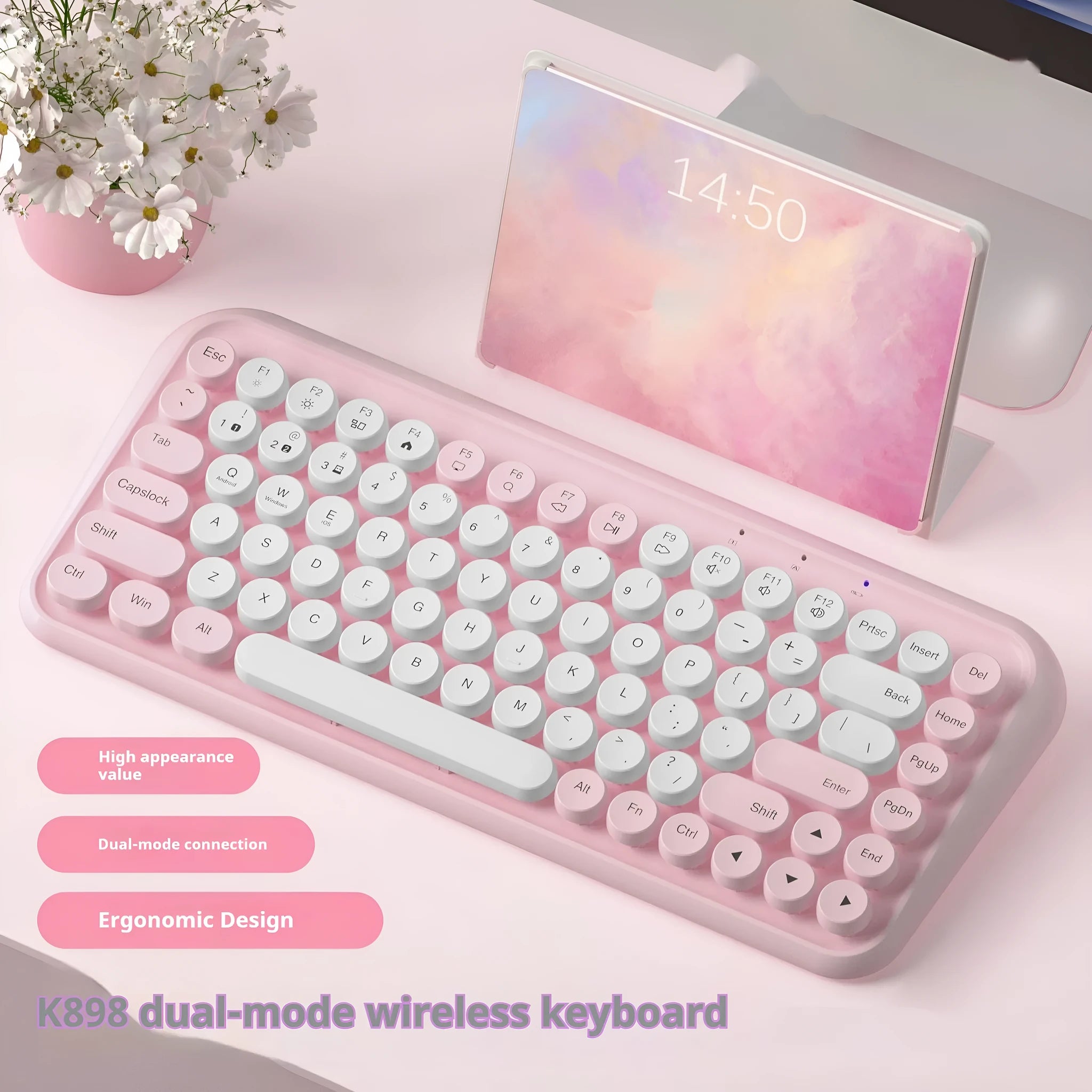 Pink wireless Bluetooth keyboard with 84 keys and compact rectangular design