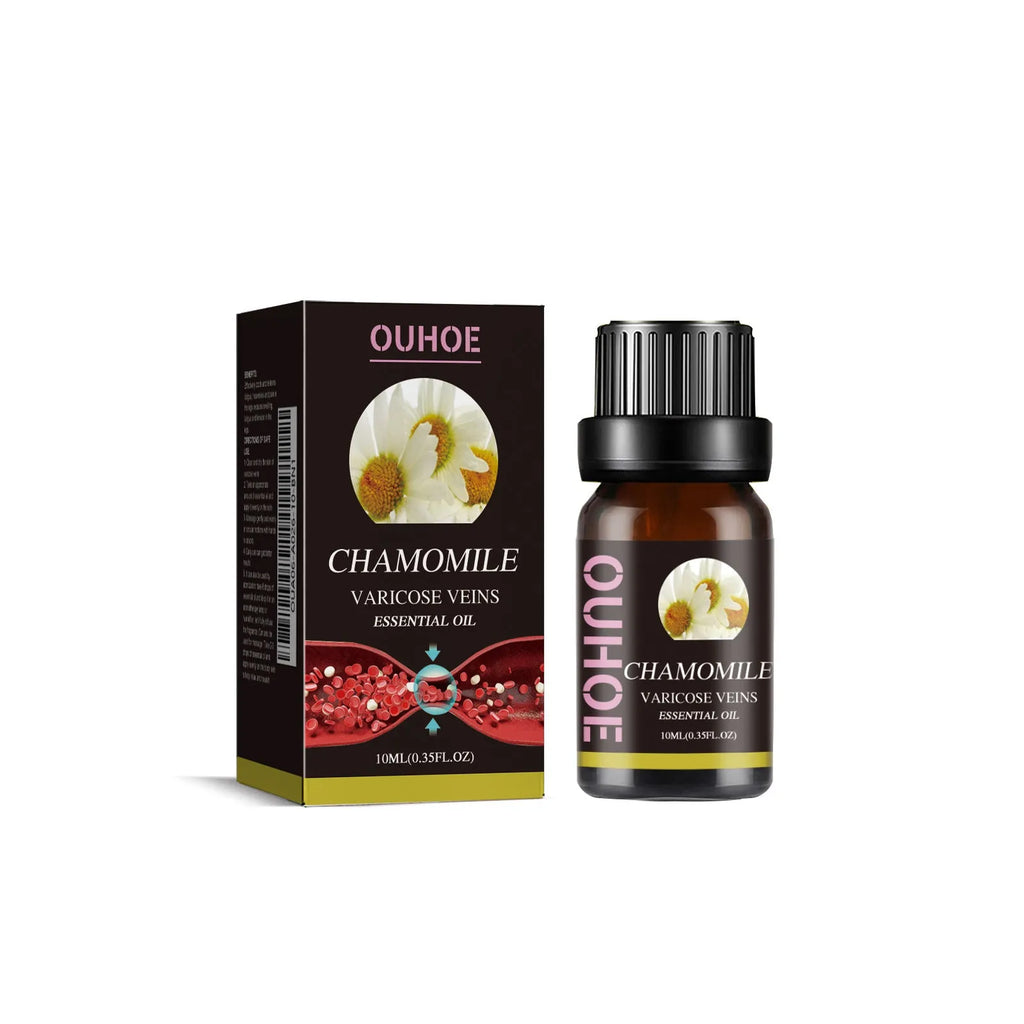 10ml glass bottle of pure chamomile essential oil for leg massage and skin relief.