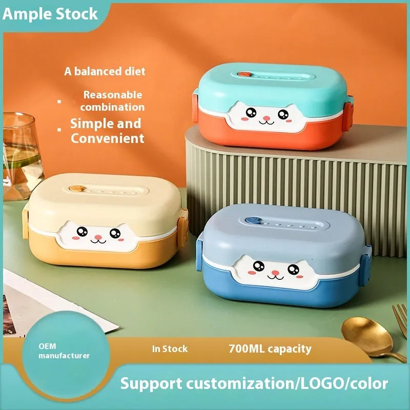Portable divided plastic lunch box with square shape and cartoon styling in multiple colour options