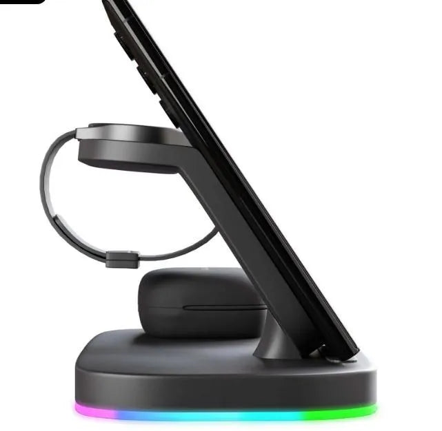 Vertical 3-in-1 wireless charging dock for mobile phone, smartwatch and headphones with 15W fast charging