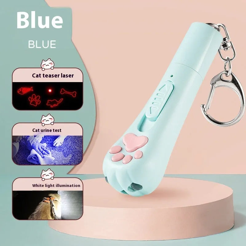 USB-rechargeable cat teaser wand with LED light and colourful feather in sky blue colour