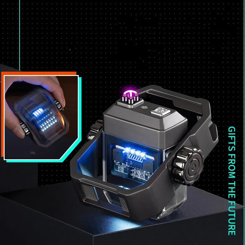 Blue Double Arc Pulse Lighter showing folded design, electric spark, and rotary gyroscope.