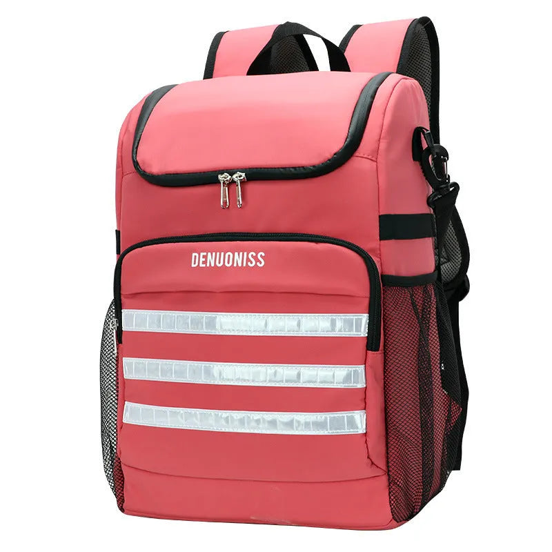 Black cloth backpack with a shoulder strap bottle opener, shown alongside lake blue, pink, and watermelon red colour variants.