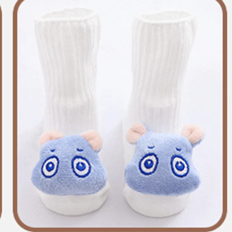 Cotton baby floor socks in multiple designs including panda, bow, and star patterns.