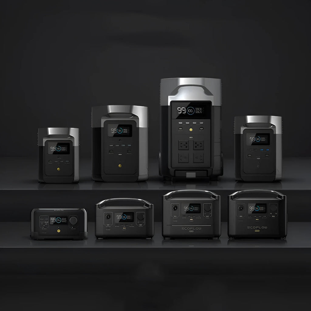 RIVER Pro 720Wh portable power station with front panel showing AC outlets, USB ports, and display screen