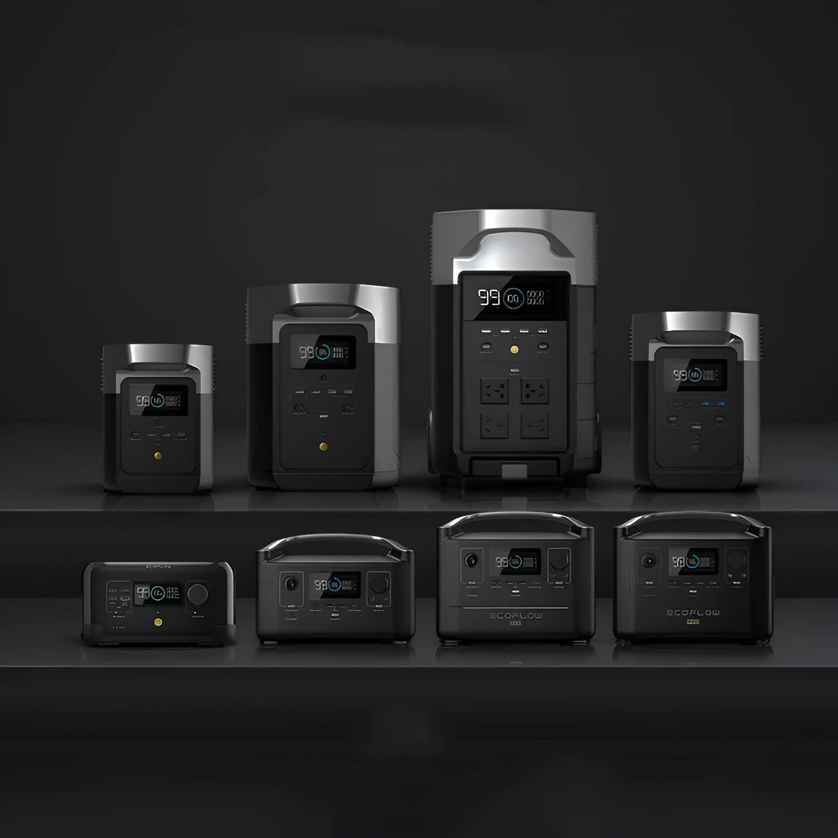 RIVER Pro 720Wh portable power station with front panel showing AC outlets, USB ports, and display screen