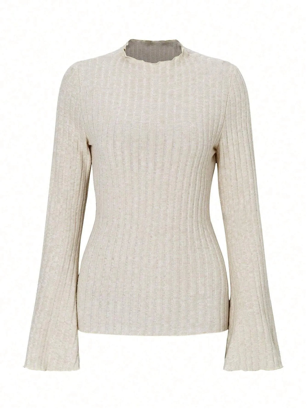 Slim fit long sleeve top with lantern sleeves in black brushed polyester fabric, showing sunken stripe detail and round neck.