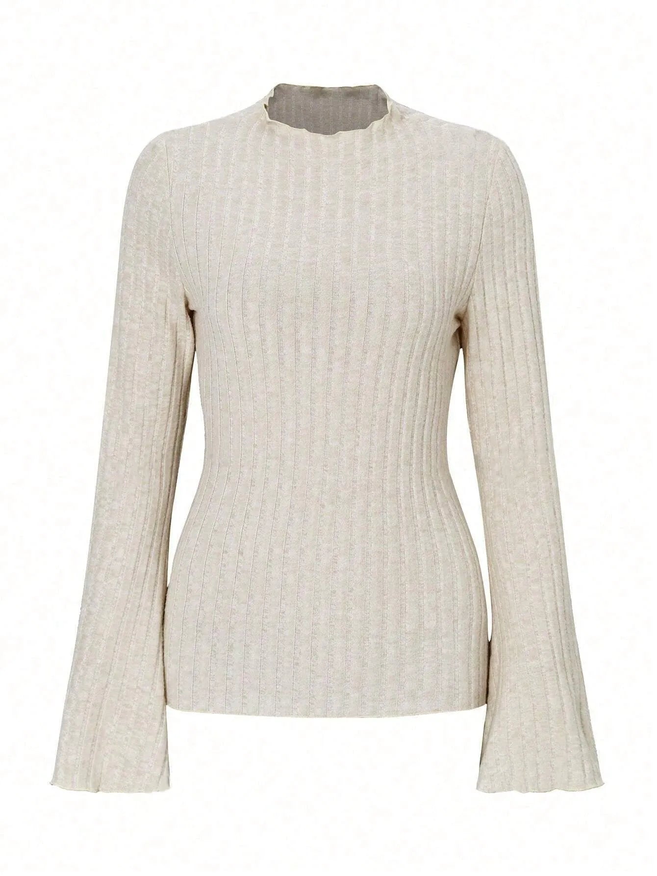 Slim fit long sleeve top with lantern sleeves in black brushed polyester fabric, showing sunken stripe detail and round neck.