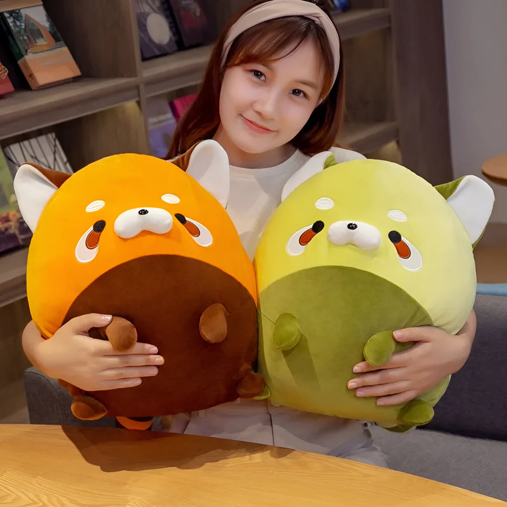 Round roll raccoon plush toy pillow in grass green colour with soft down cotton filling, 35cm height