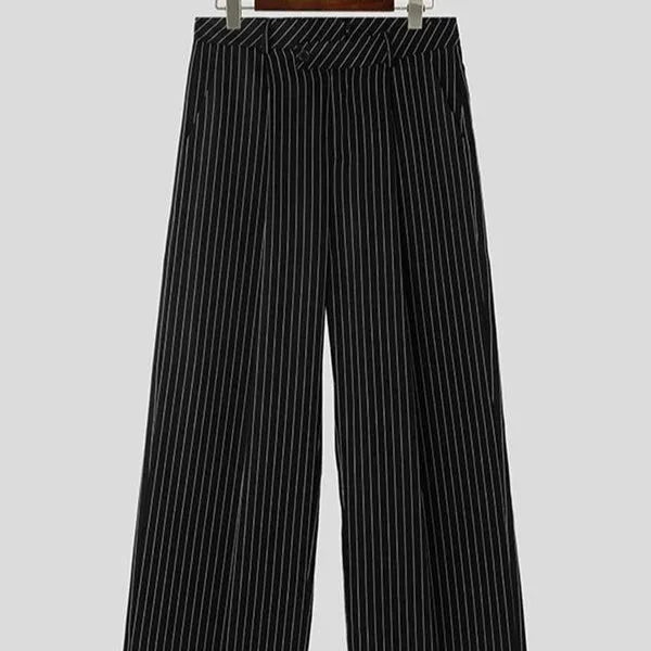 Black men's casual trousers with vertical stripes and front pleats made from rabbit hair and bamboo fibre.