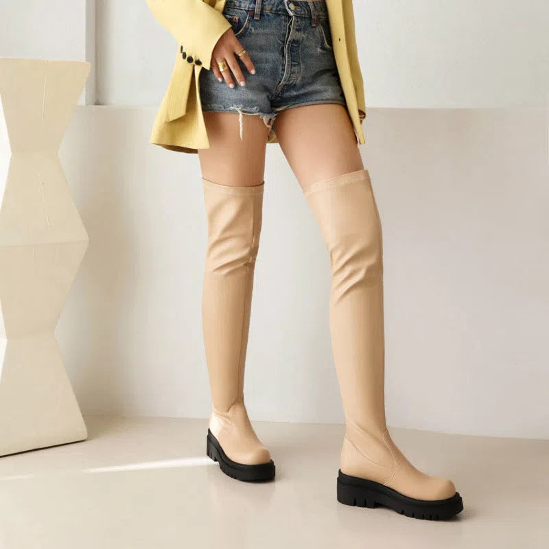 Women's black over-the-knee boots with square heel and round toe on white background