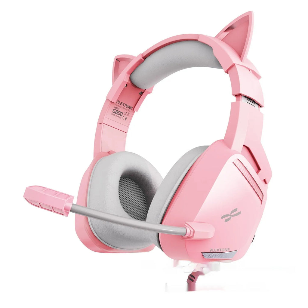 Pink G800 headworn wired earphones with braided cable and 3.5mm L-shaped plug