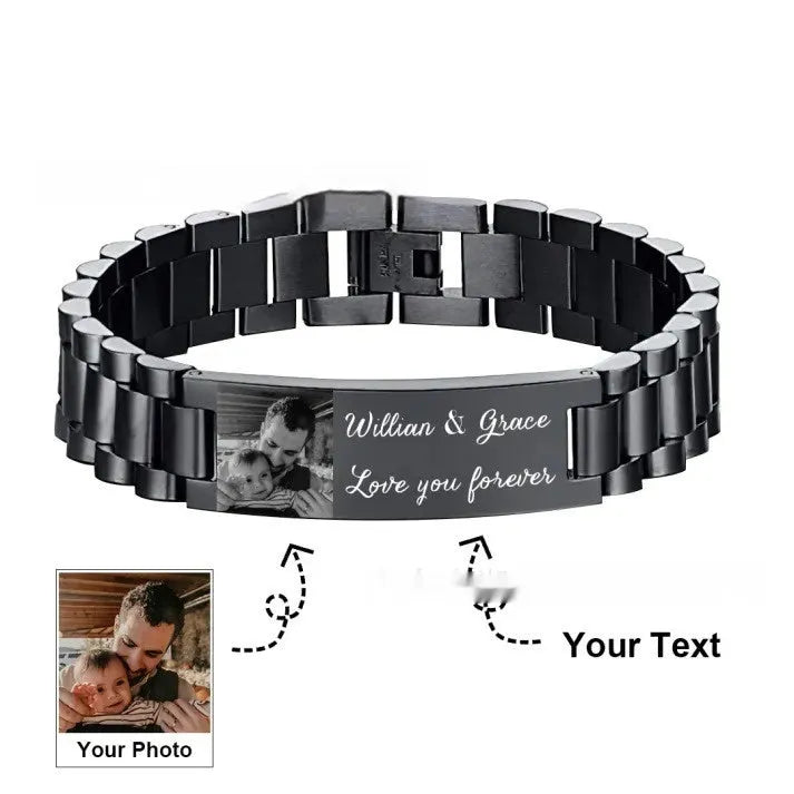 Men's titanium steel lettering bracelet with curved heart shape in black or grey options
