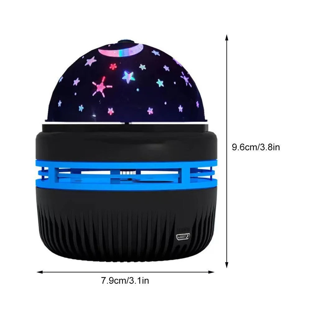 LED star galaxy projector lamp with colourful rotating patterns on a bedroom table