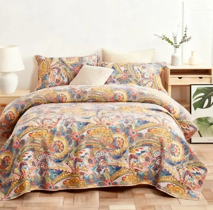 All cotton three-piece quilted bed cover set with plant and flower pattern 230x250cm American style