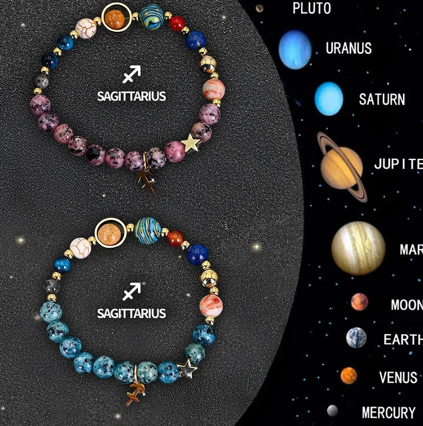 Two natural stone beaded bracelets with zodiac charms on a table.