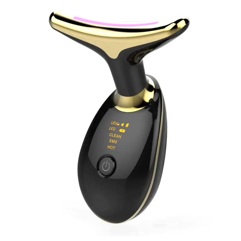 EMS thermal neck lifting massager device with three-colour LED lights on a white background.