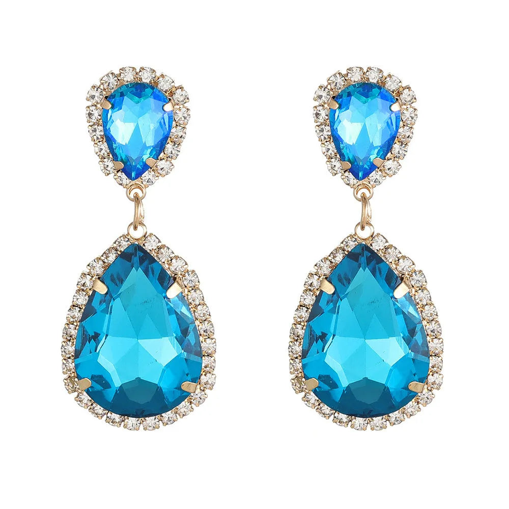 Multi-layer drop-shaped glass rhinestone earrings for women, electroplated metal alloy, available in Rose Red, champagne, and Blue