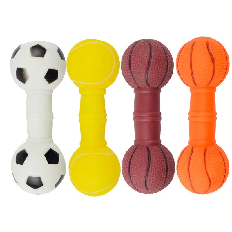 Colourful football and dumbbell shaped PVC squeaky dog chew toy