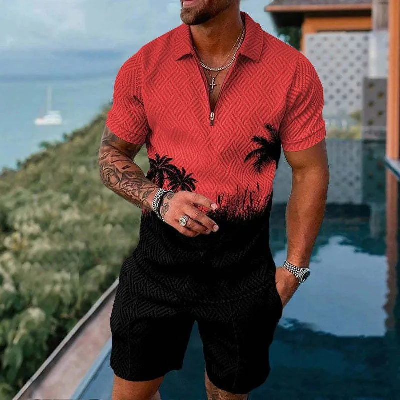 Men's summer mesh tracksuit set with short sleeve zip-up jacket and matching shorts in multiple colours