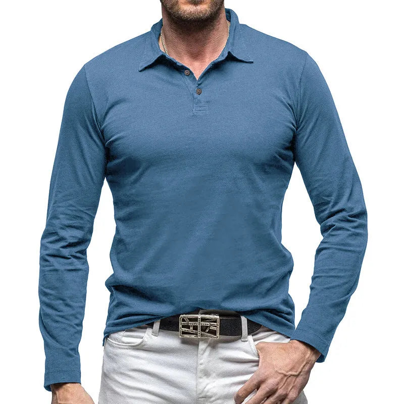 Men's dark grey polo collar long sleeve cotton T-shirt in American retro style laid flat