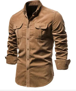 Men's long sleeve linen shirt on hanger showing colour options like denim blue, army green, and red.