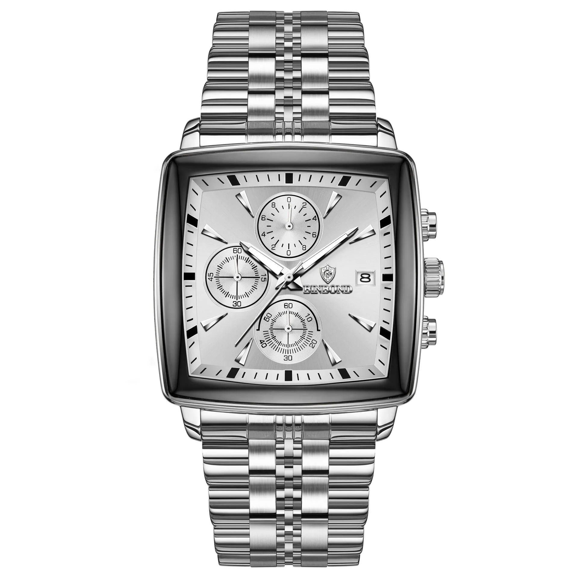 Men's rectangular quartz watch with luminous dial, stainless steel strap, and metal case in business styling