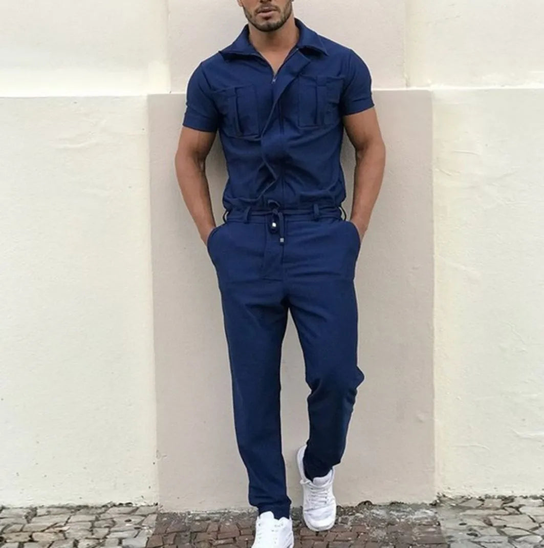 Men's cotton loose one-piece suit in black with top and shorts, front view, for performing arts