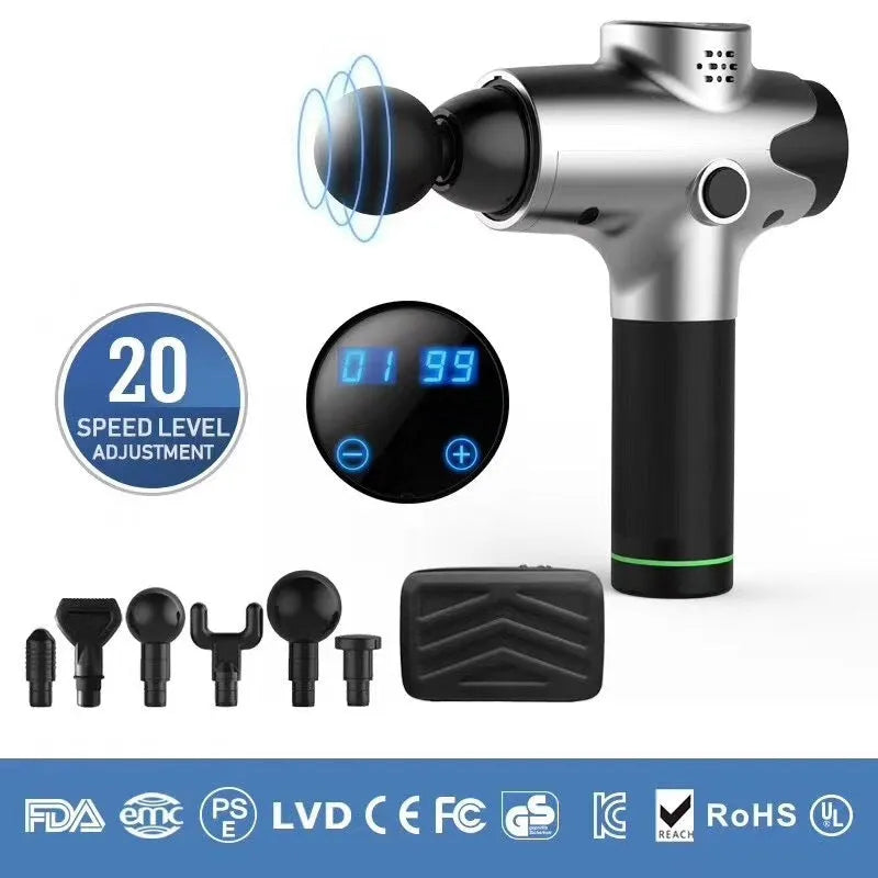 EM03 digital massage gun with LCD screen, six massage heads, and 20 speed levels in black finish