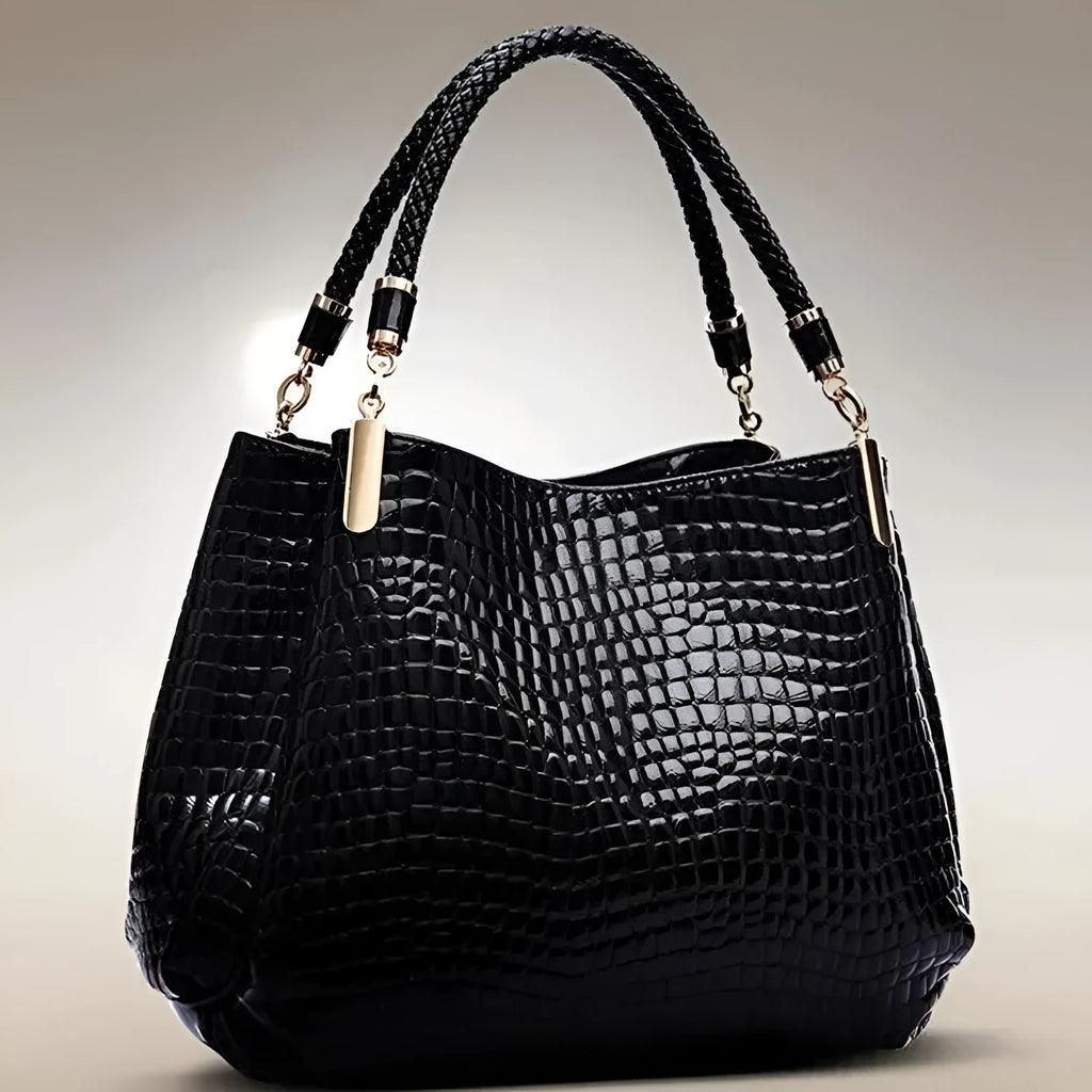 Women's large capacity tote bag with crocodile print and bright face detail, black PU, 36x11x29cm shoulder bag