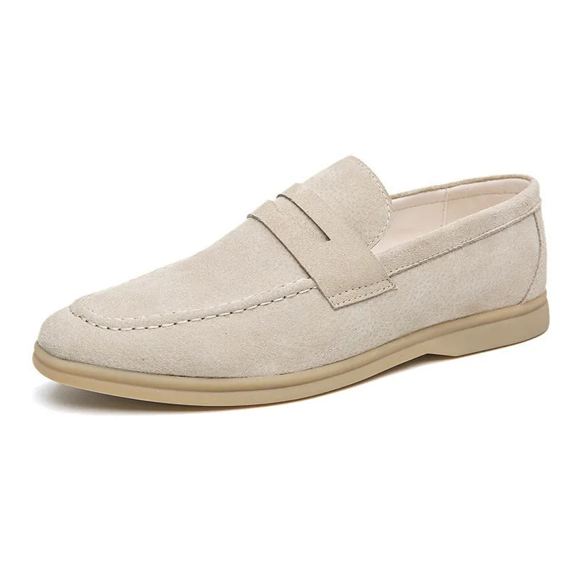 Men's beige slip-on shoes with cowhide leather upper and round toe design