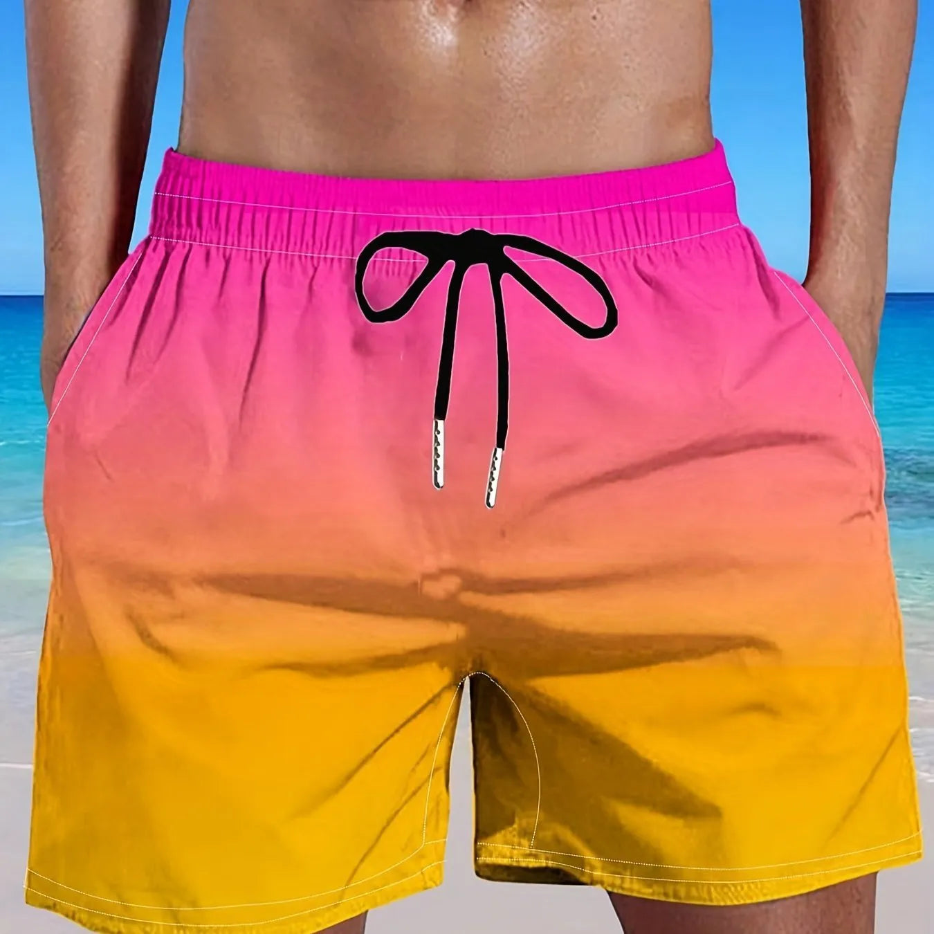 Men's gradient colour 3D digitally printed sports shorts in mesh fabric showing micro-elastic texture