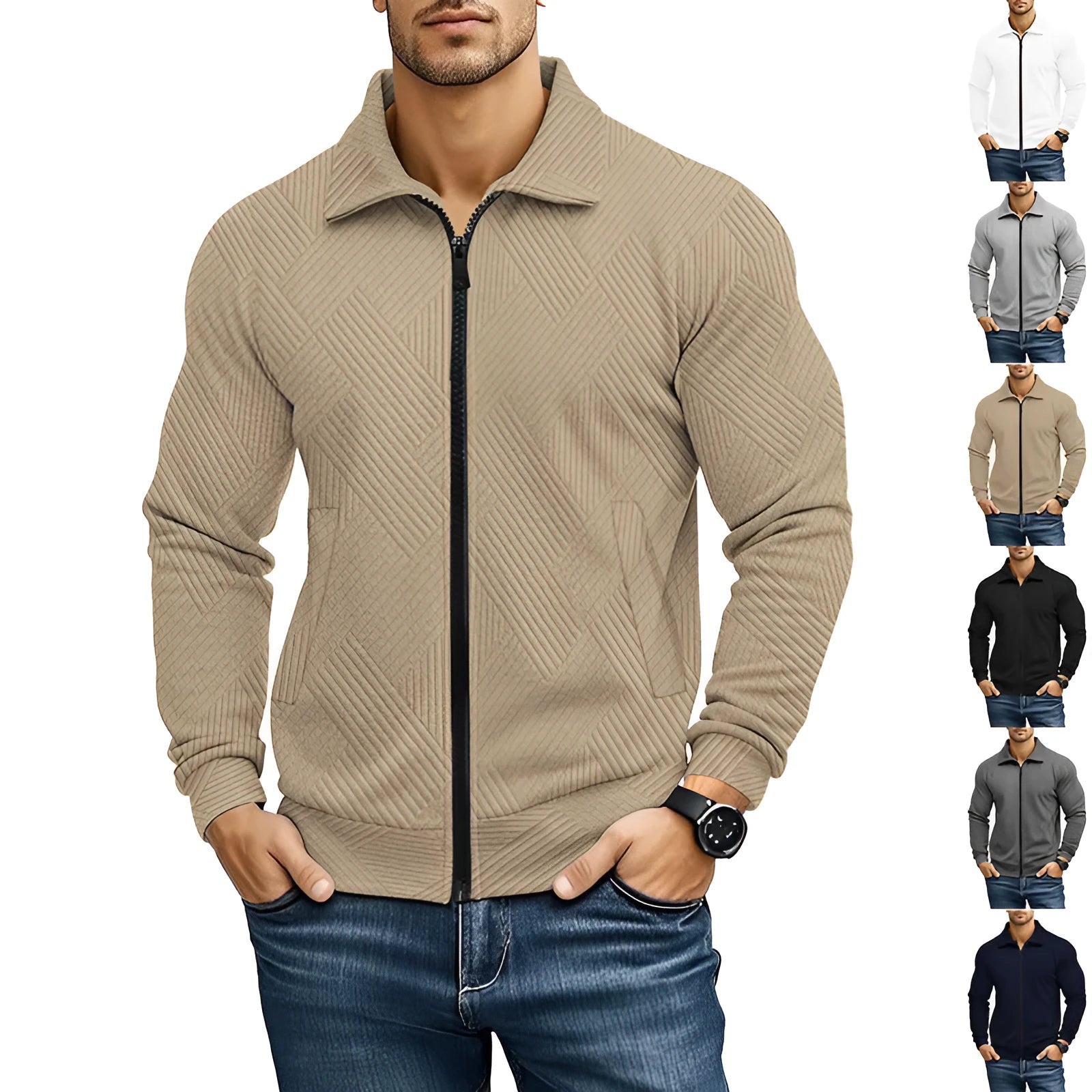 Men's British style casual jacket with turn-down collar in solid colour cotton blend fabric