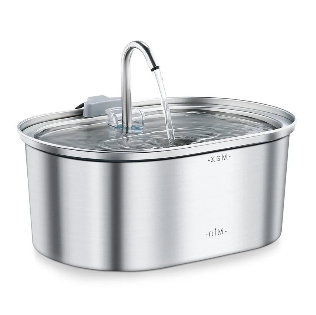 Stainless steel pet water dispenser with large 4-litre tank and selectable water outlet design
