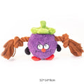 Green and purple interactive dog tug toy with long knotted rope and plush section