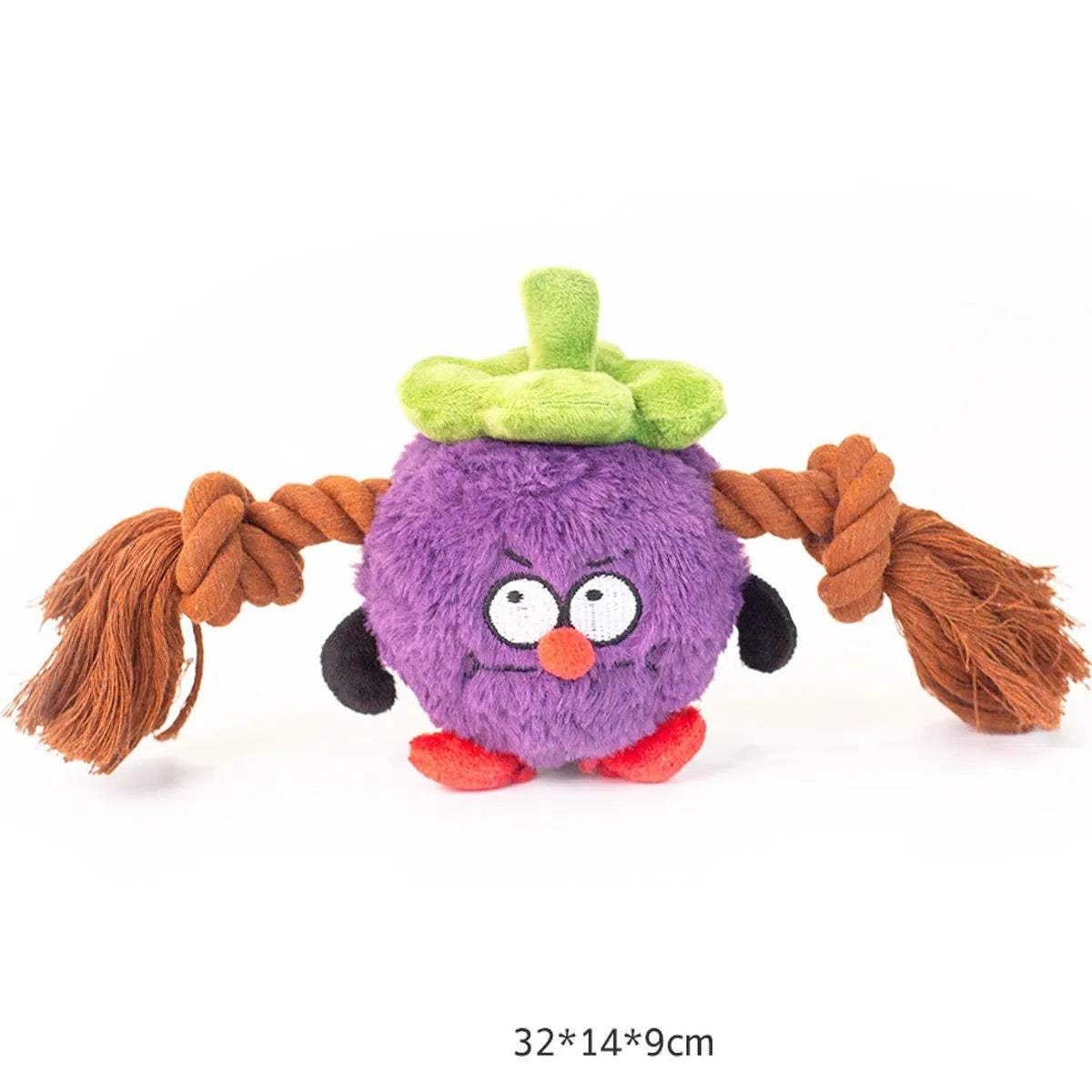 Green and purple interactive dog tug toy with long knotted rope and plush section