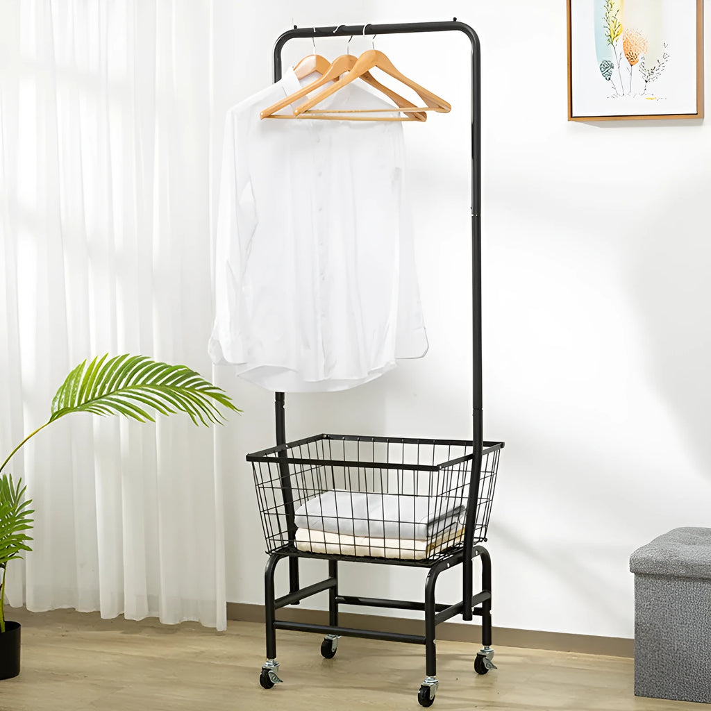 White iron pulley storage car with single rod for hanging clothes on wardrobe rail
